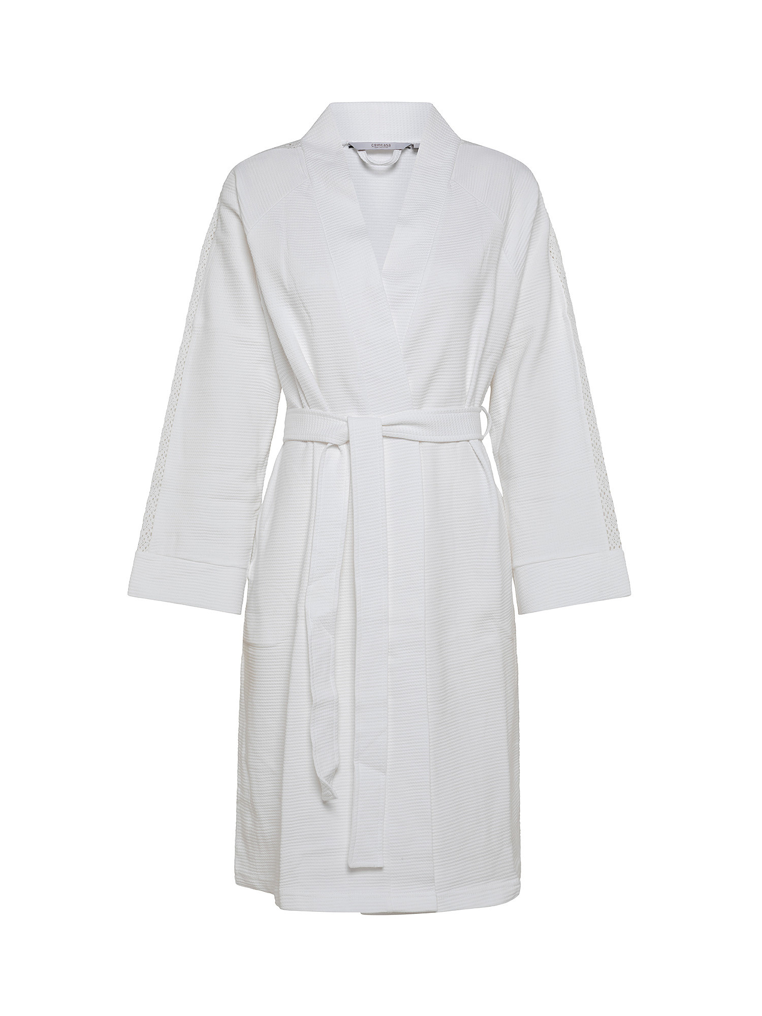 Cotton pique bathrobe with lace inserts, White, large image number 0