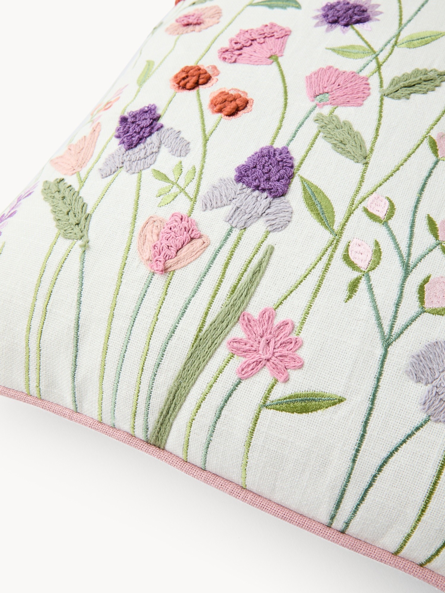 Cotton slub pillow with small flower embroidery, 45x45cm - Discounted Price, White, large image number 2