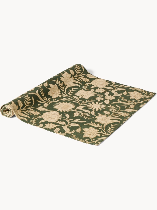 Runner in puro cotone con stampa manuale e dettagli d'oro