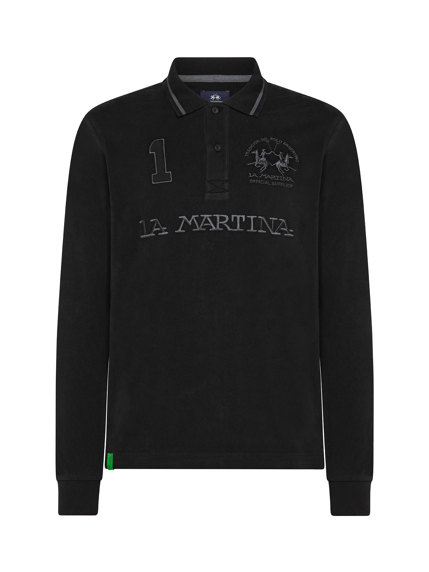 Polo a maniche lunghe in puro cotone regular fit, Nero, large image number 0