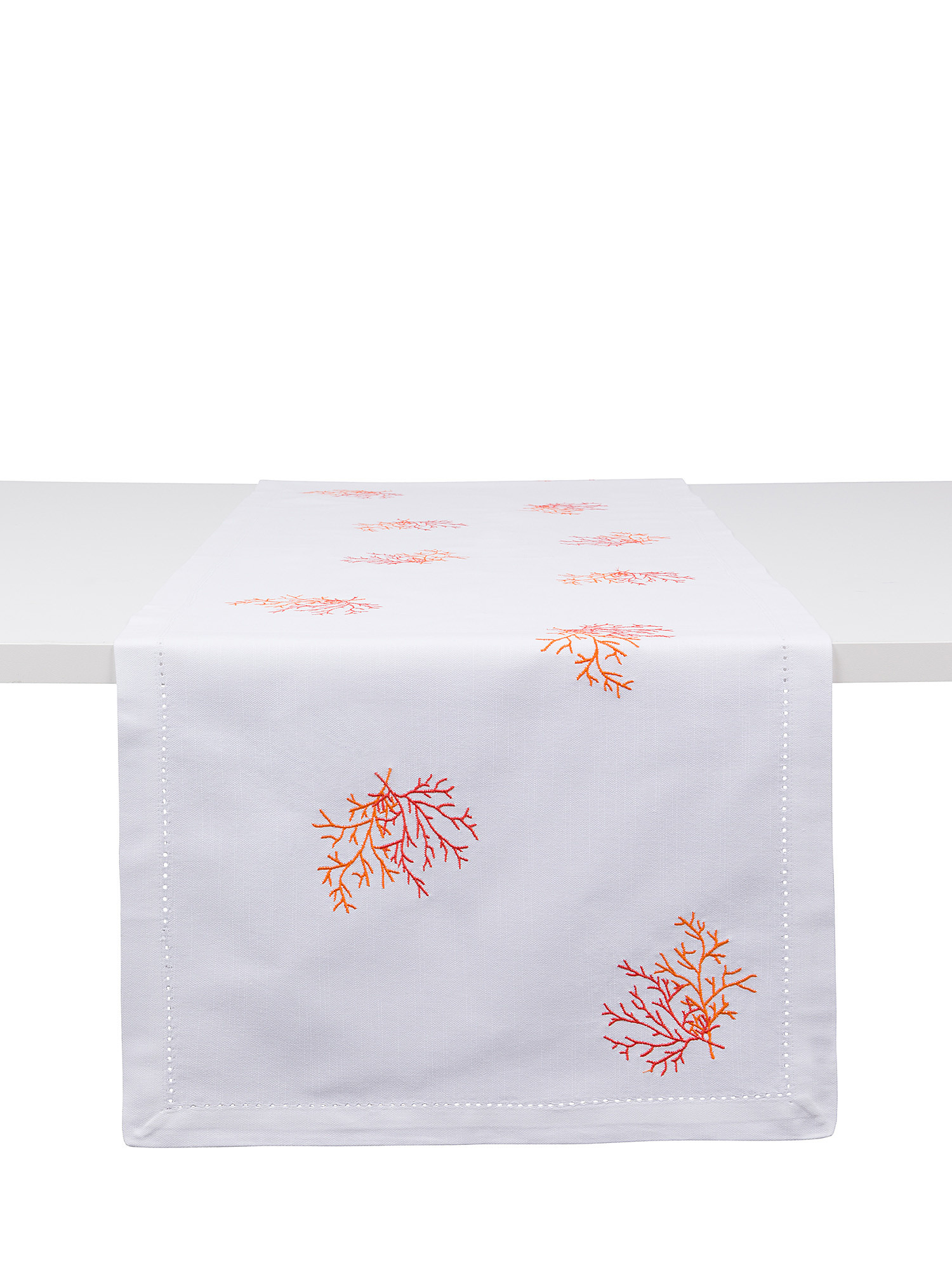 Slub cotton runner with coral embroidery, White, large image number 0