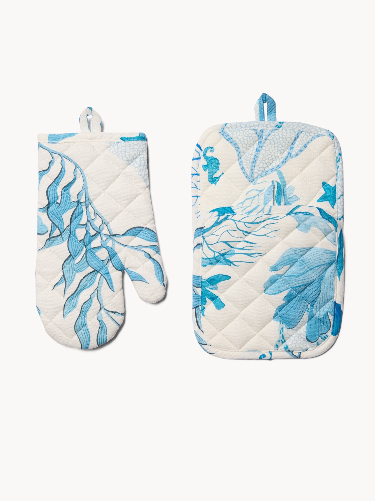 Set of 2 Panama cotton oven mitts and pot holders with a marine print - Introductory price, White / Blue, large image number 0
