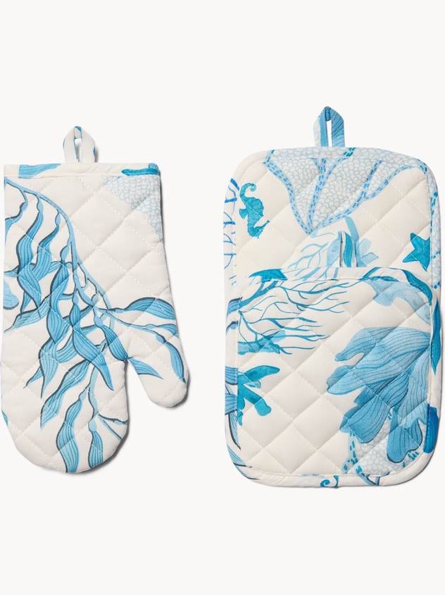 Set of 2 Panama cotton oven mitts and pot holders with a marine print - Introductory price