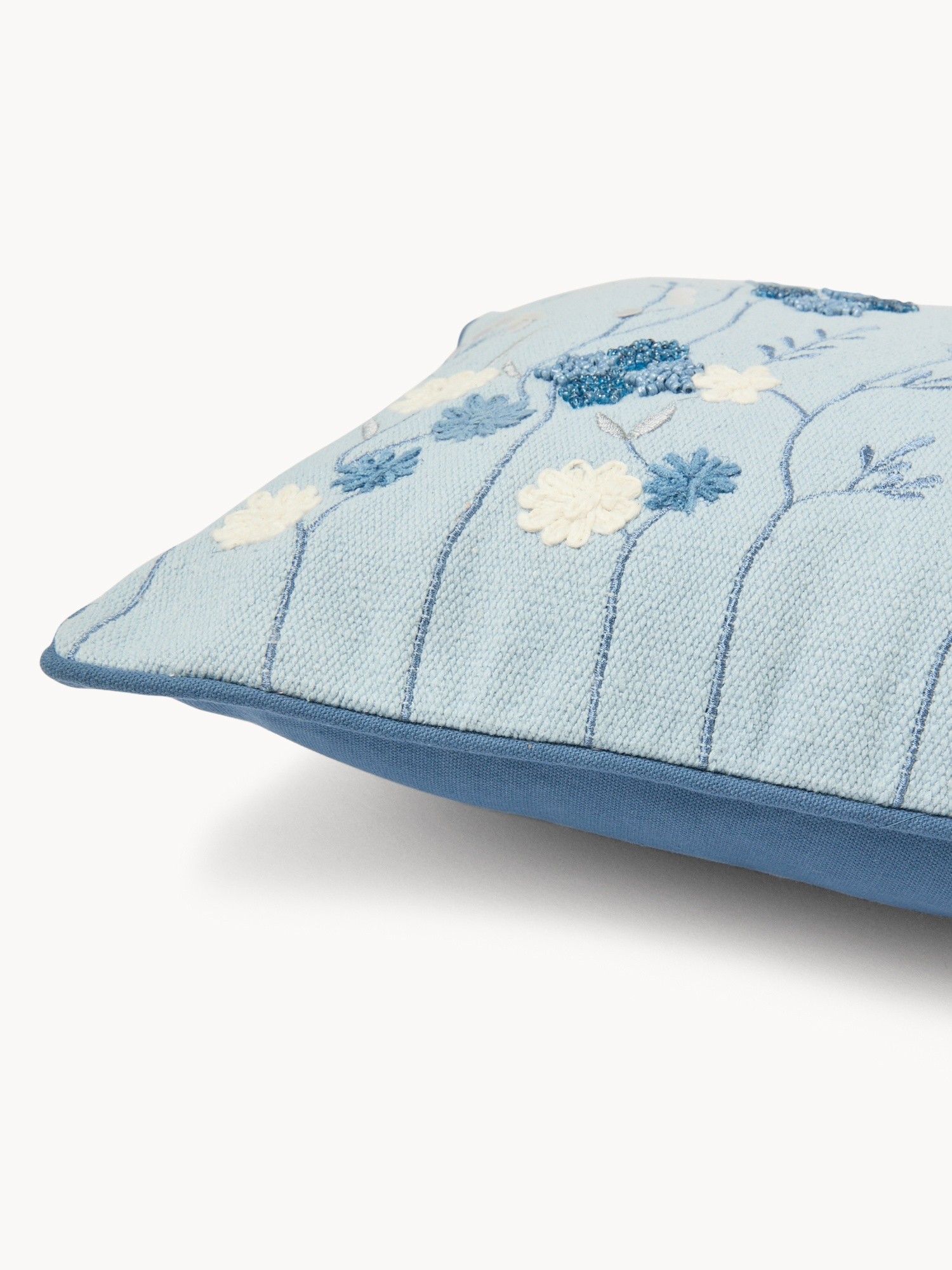 Cuscino in slub di cotone con ricamo fiorellini 35x55cm - Prezzo di lancio, Blu, large image number 2