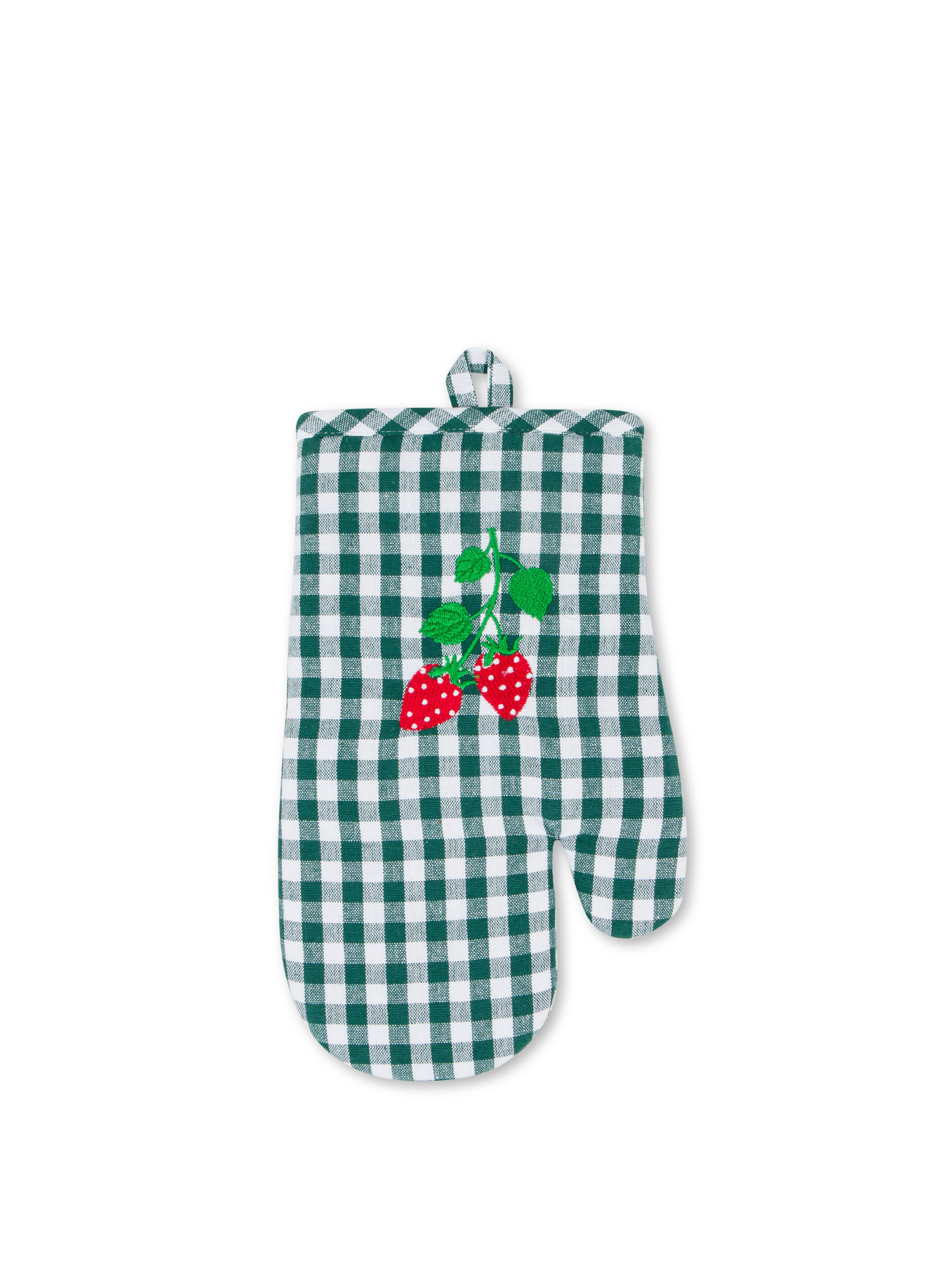 Vichy cotton kitchen glove with strawberry embroidery, Dark Green, large image number 0