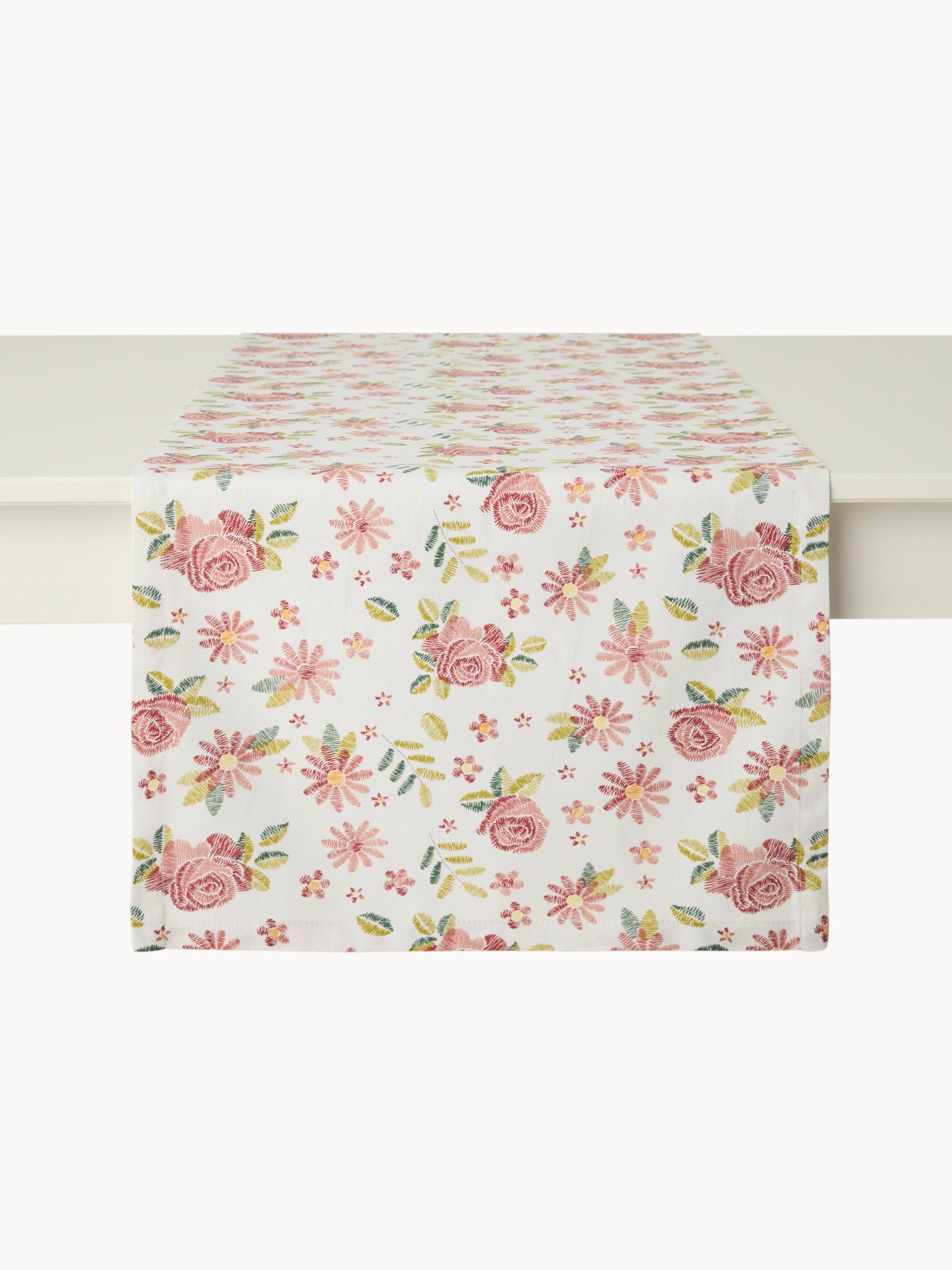 Panama cotton table runner with rose print - Discounted Price, White, large image number 1