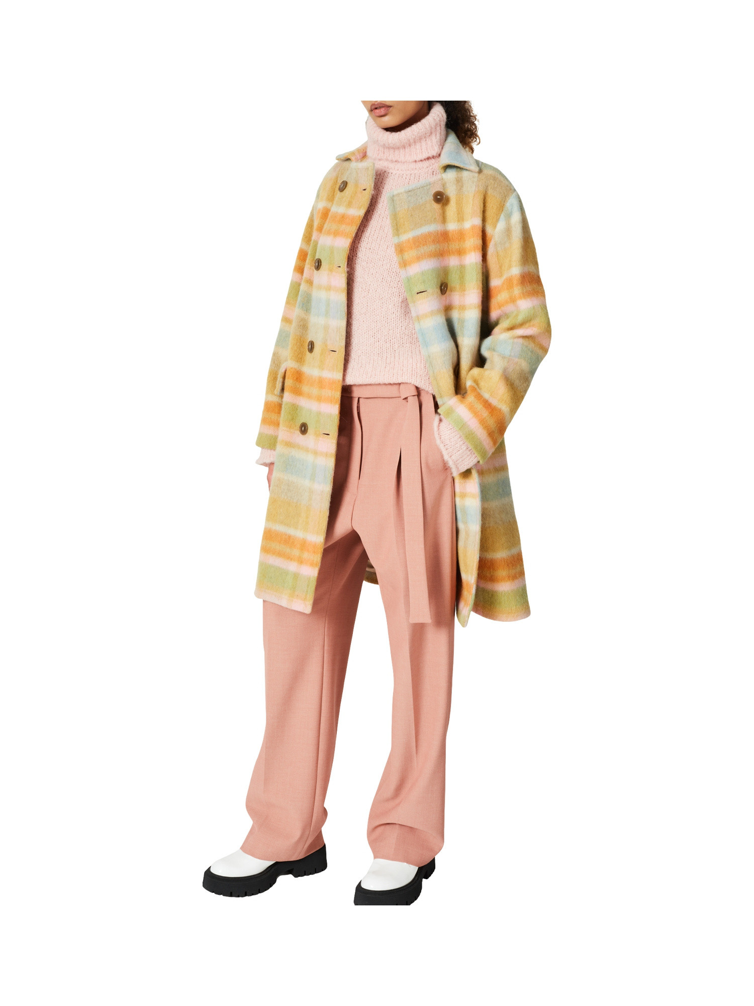 Wool blend coat with pink check pattern, Multicolor, large image number 4