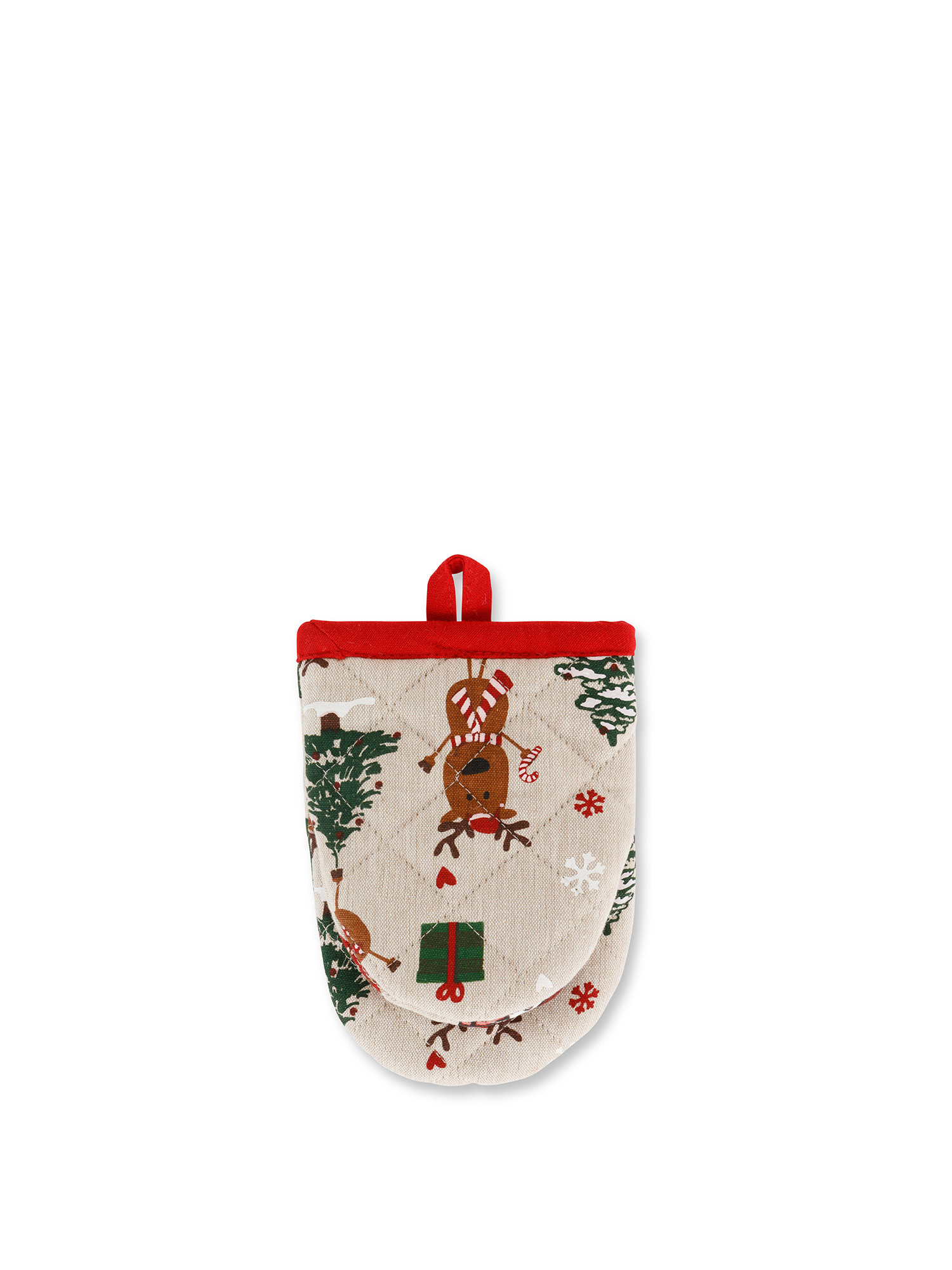Guanto piccolo da cucina panama di cotone stampa natalizia, Beige, large image number 0