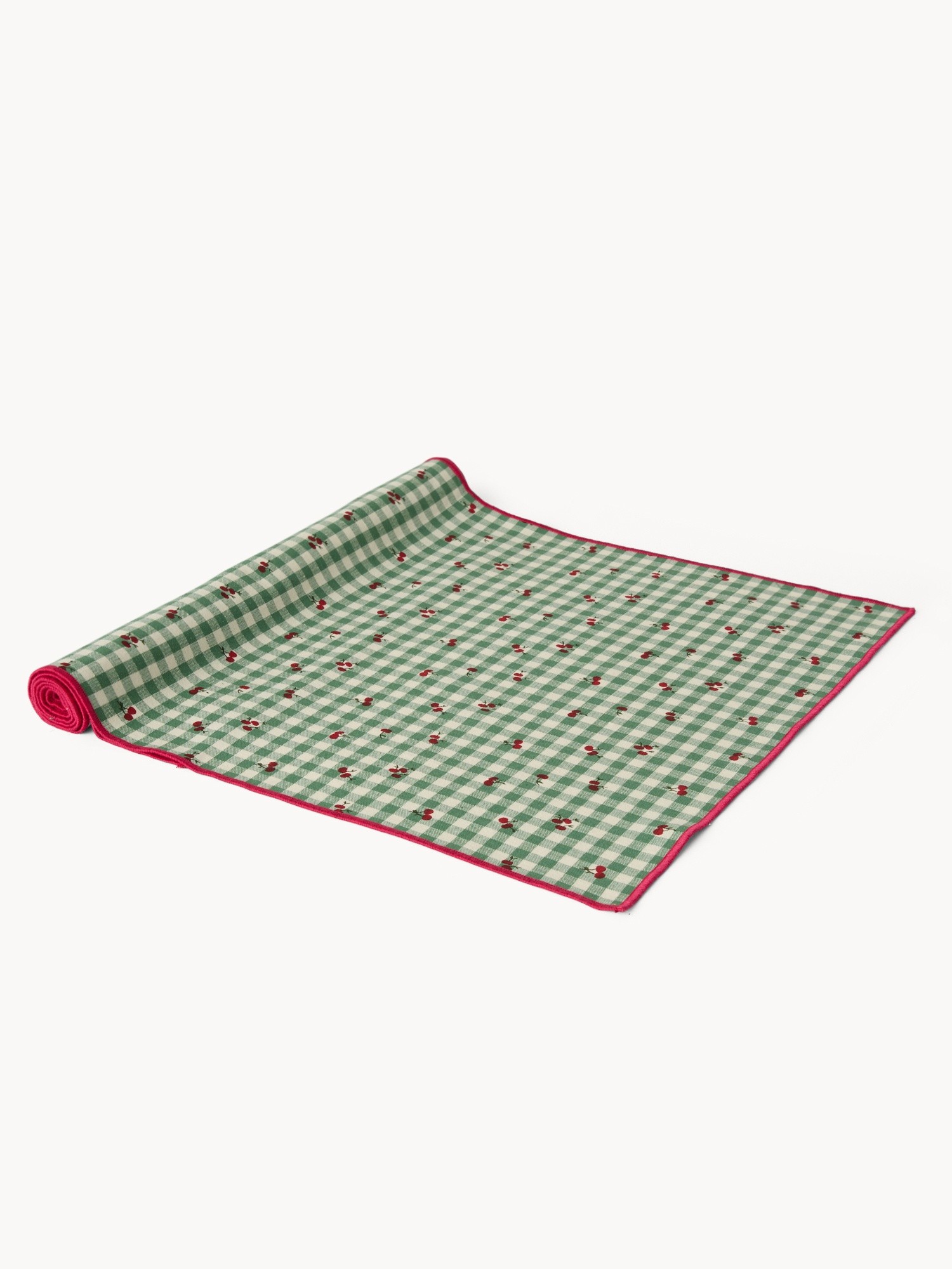 Runner in puro cotone vichy tinto filo con stampa ciliegie - Prezzo di lancio, Verde, large image number 0