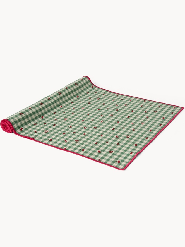 Runner in puro cotone vichy tinto filo con stampa ciliegie - Prezzo di lancio