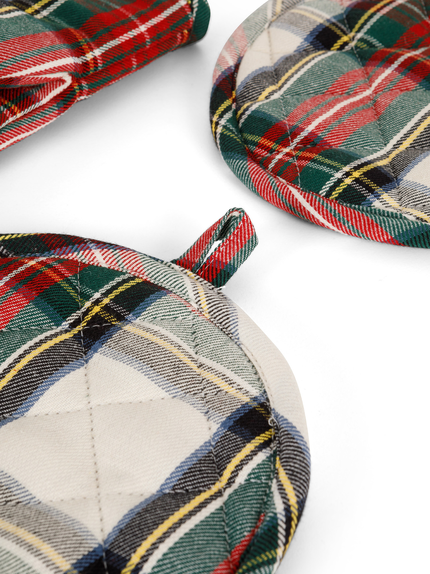 Set of 2 pot holders and kitchen mitt in tartan cotton twill, White, large image number 1