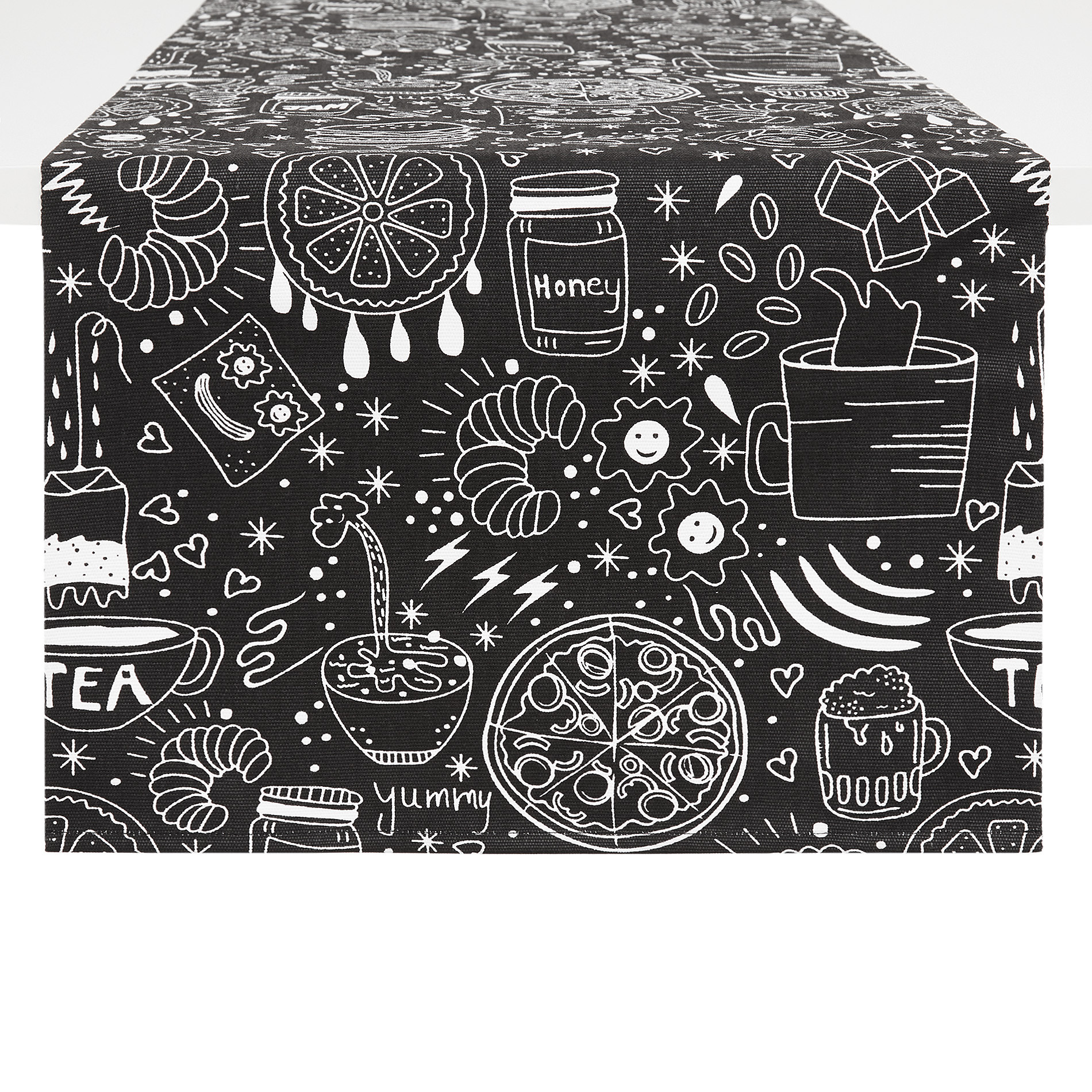 100% cotton table runner with food print, Black, large image number 0