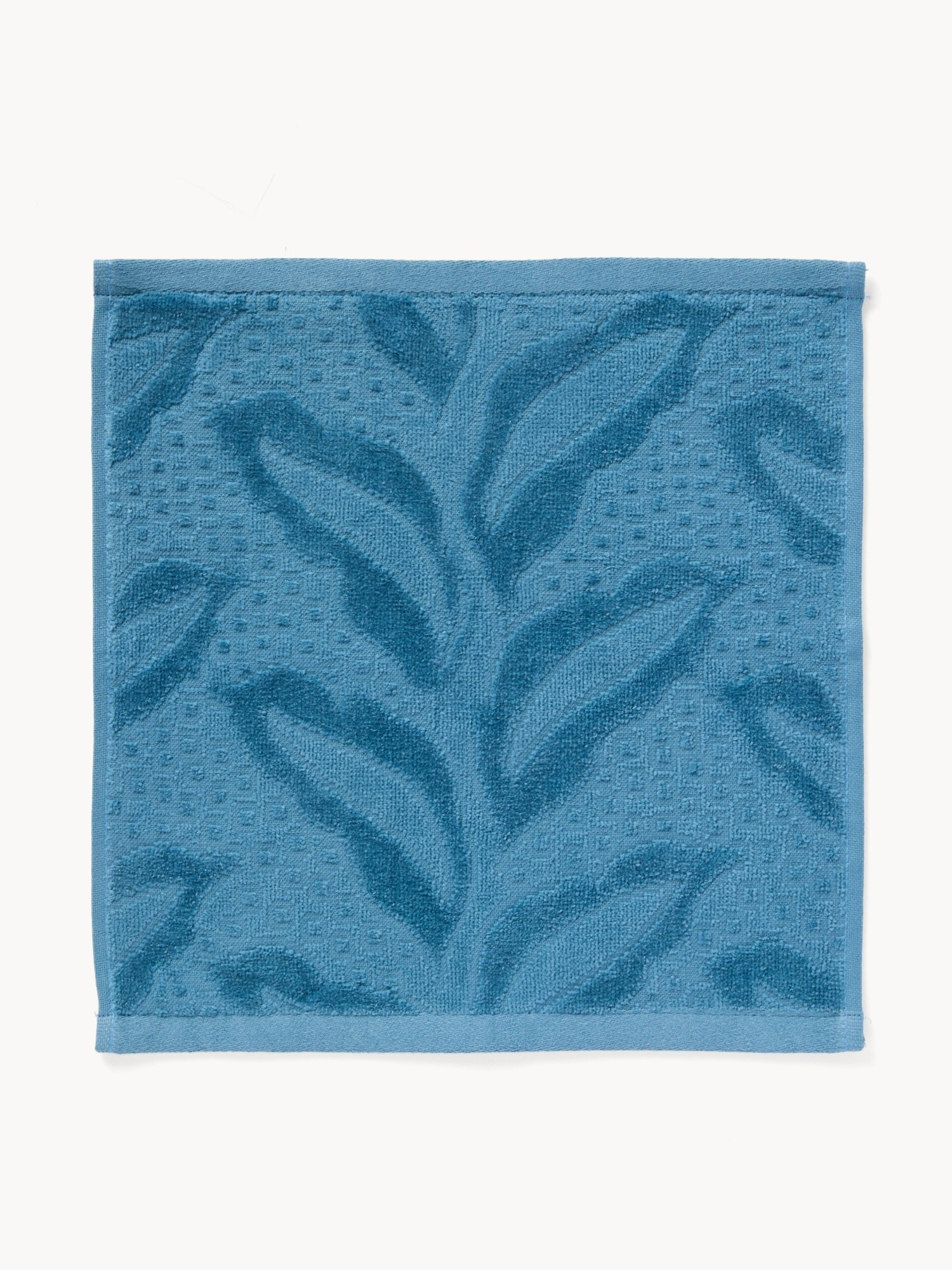 Set of 2 cotton velour washcloths with a jacquard leaf motif, Blue, large image number 1