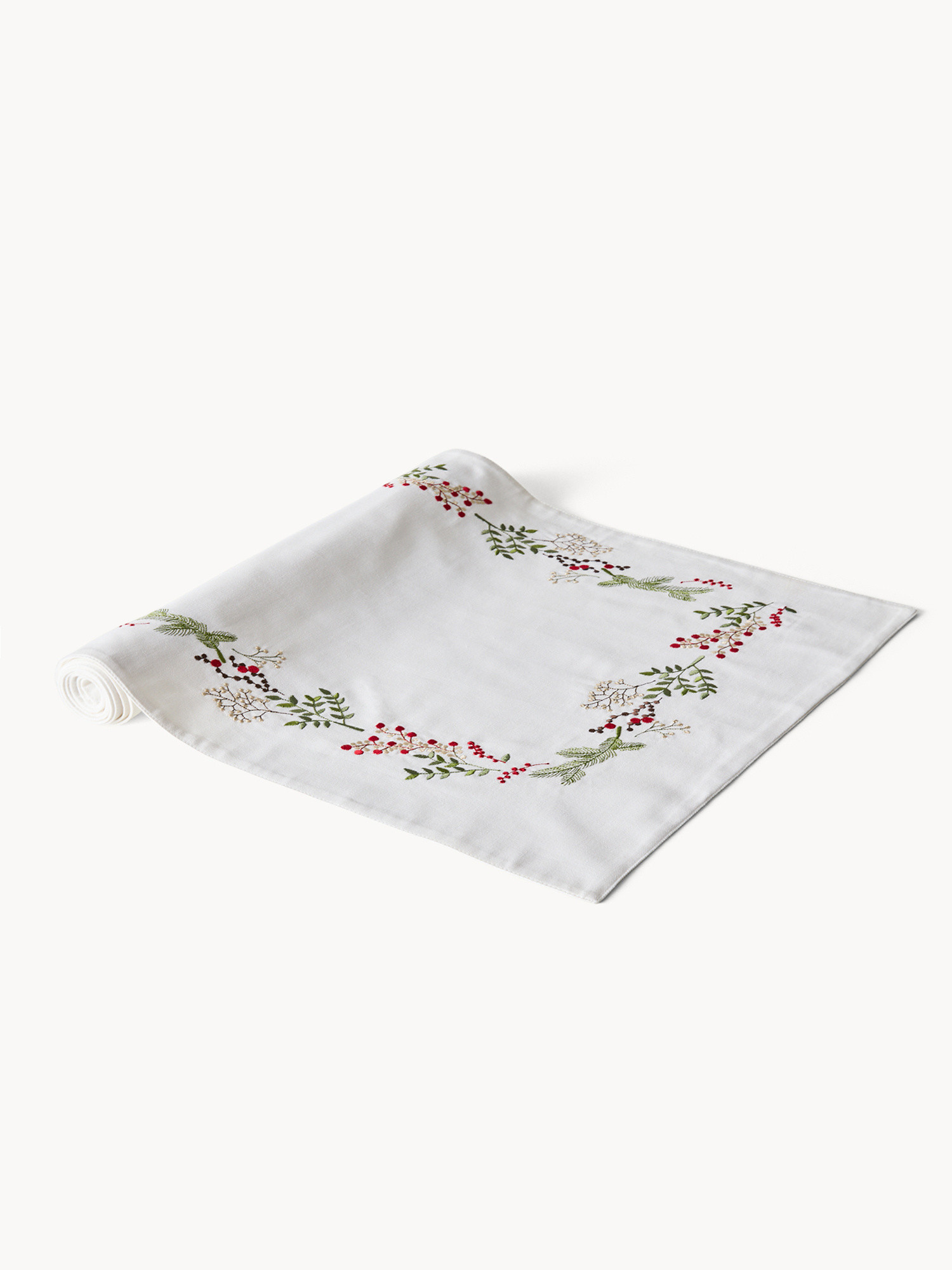 Pure cotton twill table runner with holly embroidery, White, large image number 0