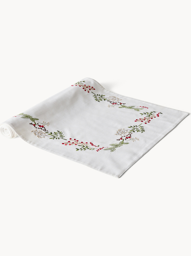 Pure cotton twill table runner with holly embroidery