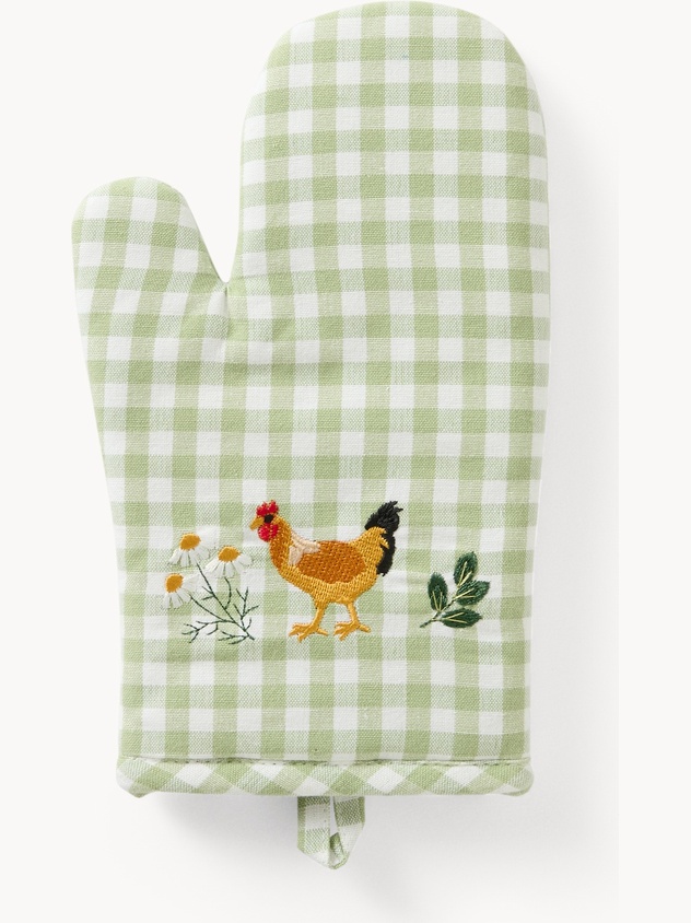 Embroidered gingham cotton oven mitt