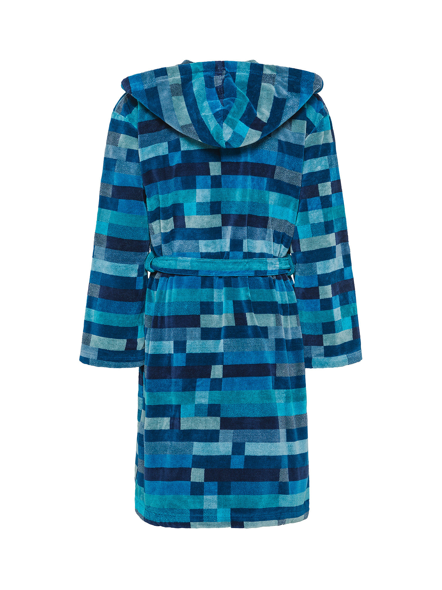 Cotton velor bathrobe with geometric pattern, Blue, large image number 1