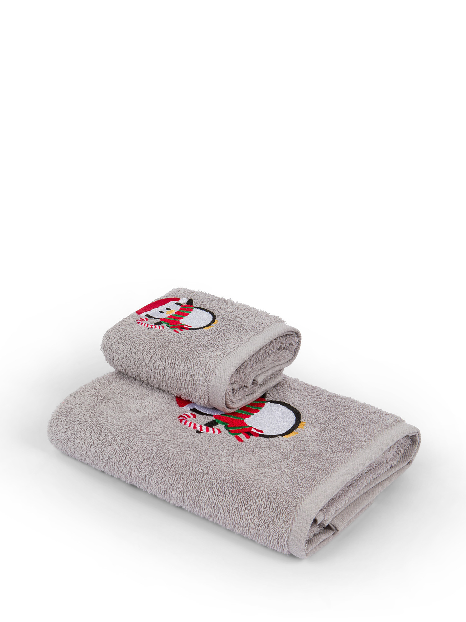 Set 2 asciugamani cotone ricamo pinguino, Grigio, large image number 0