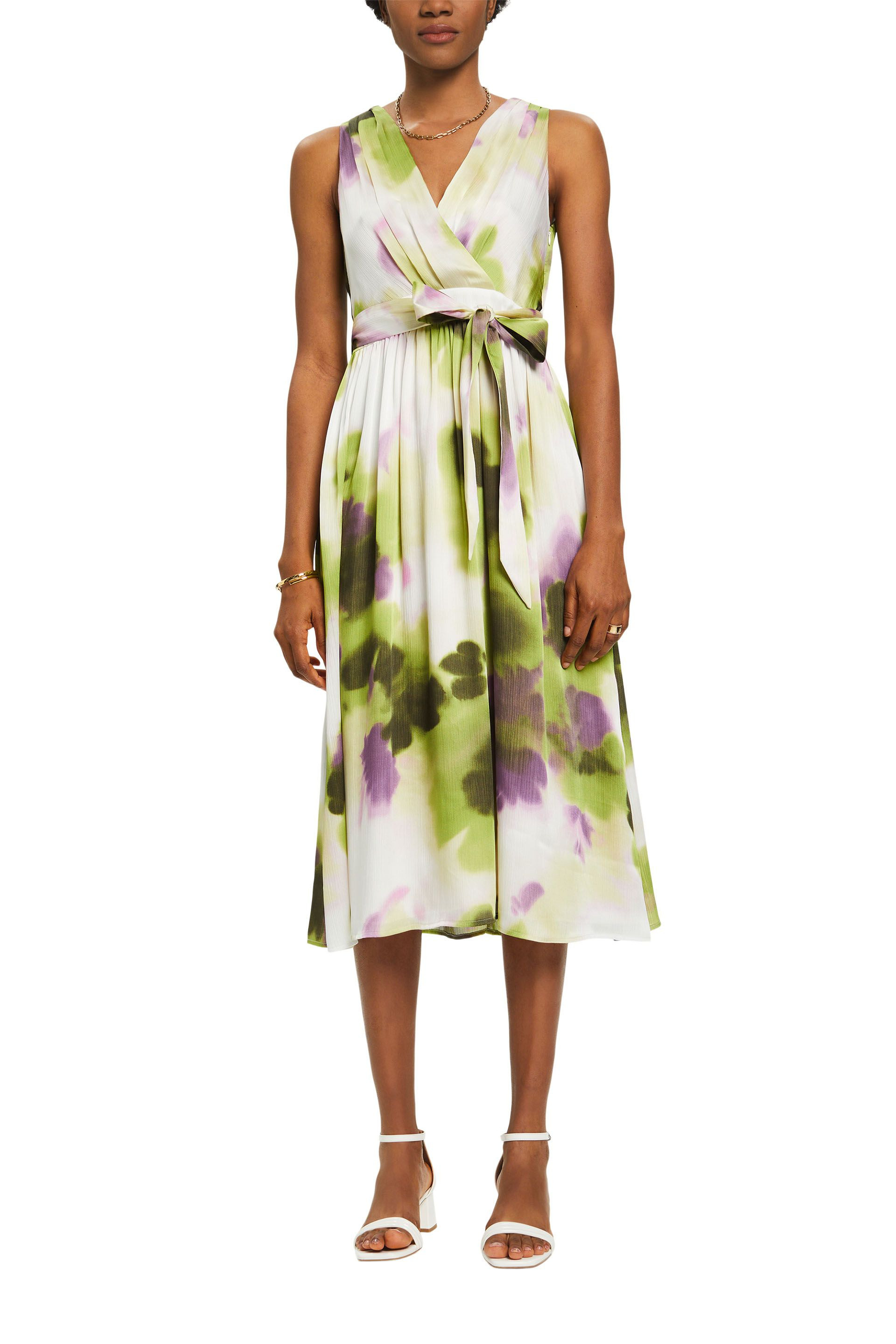 Esprit - Satin mini dress with floral print, Light Green, large image number 1