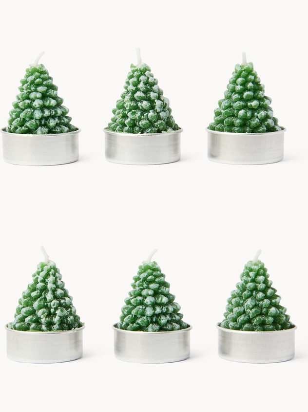 Set of 6 snow-covered Christmas tree-shaped candles