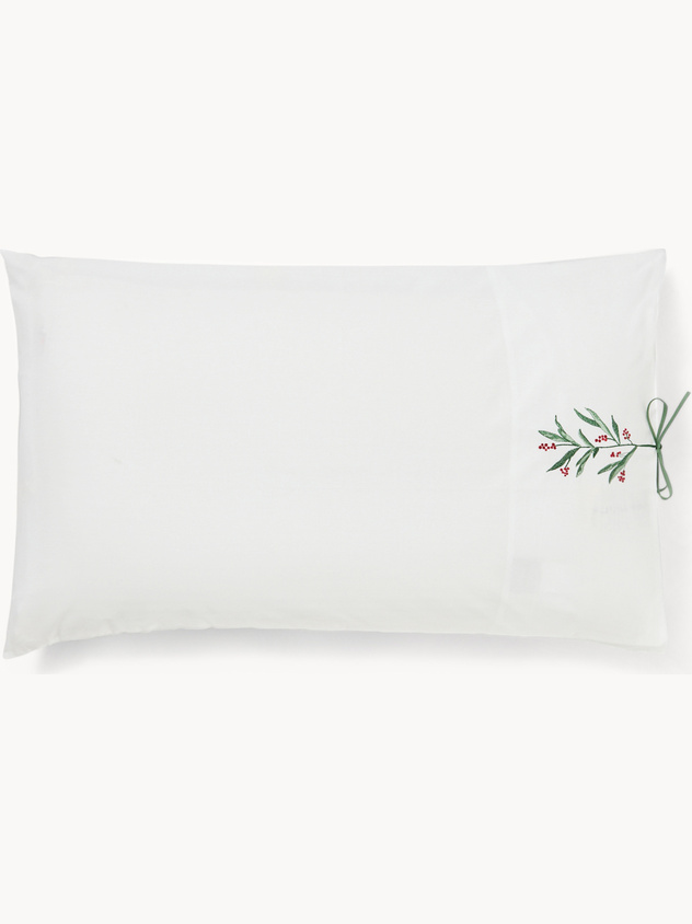 Embroidered cotton percale pillowcase