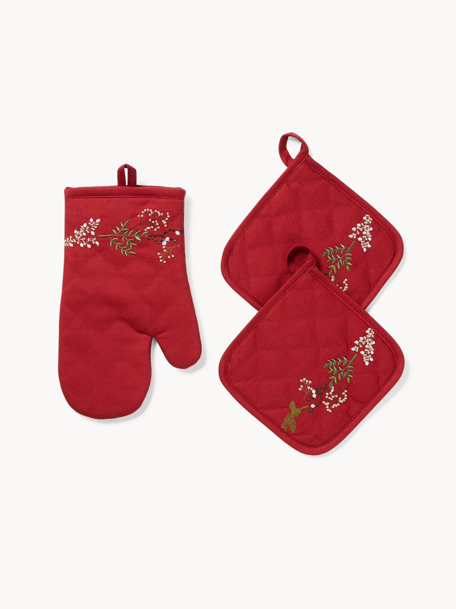Set of 2 pure cotton twill pot holders and oven mitt with holly embroidery, White, large image number 0