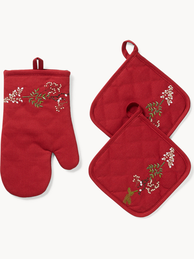 Set di 2 presine e guanto da cucina in twill di puro cotone ricamo agrifoglio