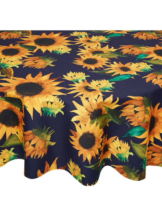 Round water-repellent cotton twill tablecloth with sunflowers print