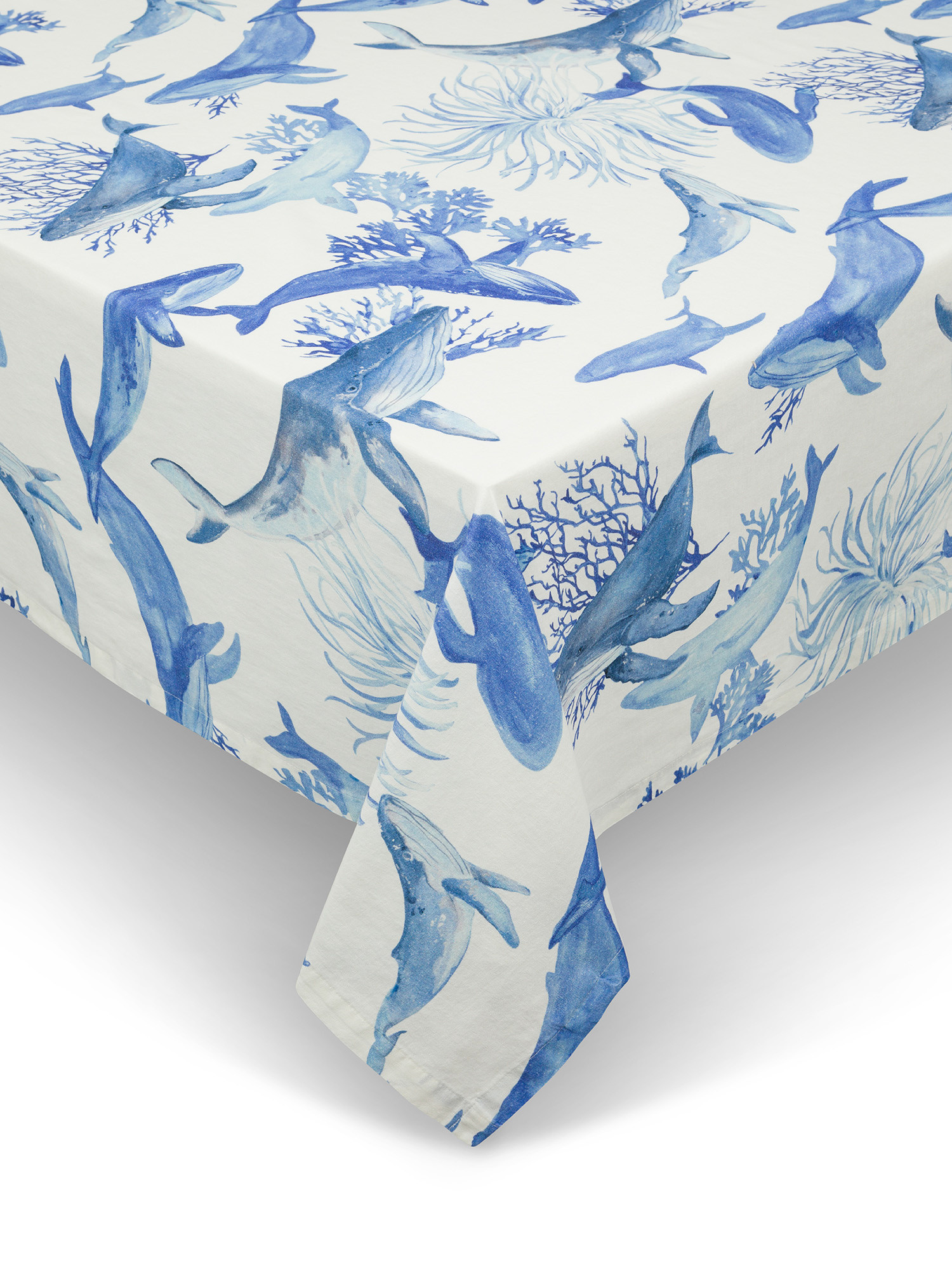 Whale print tablecloth in washed linen blend, White / Blue, large image number 0