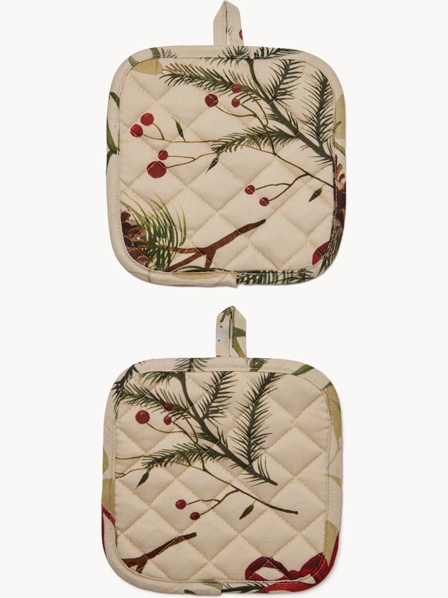 Set of 2 pure cotton Panama pot holders with a pinecone print