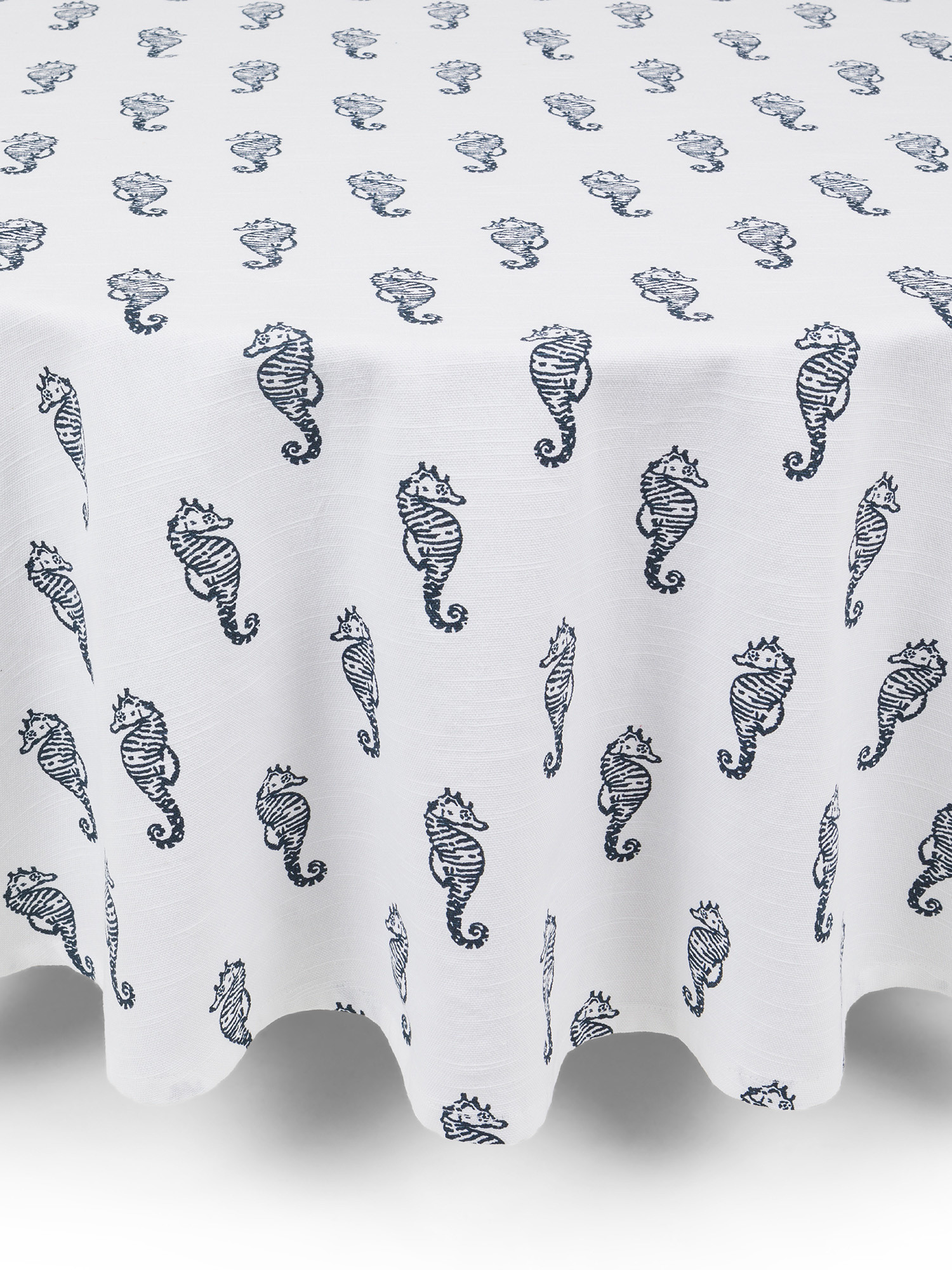 Round tablecloth with seahorses in slub cotton., White / Blue, large image number 0