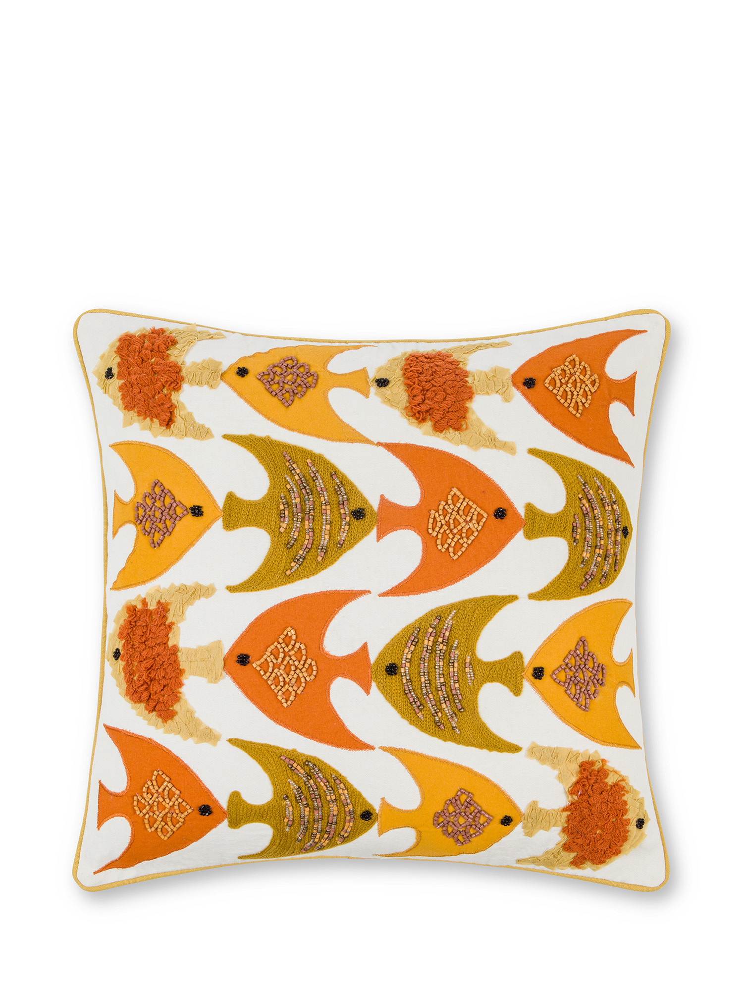Embroidered cushion with fish motif and beads 45x45cm, Ocra Yellow, large image number 0