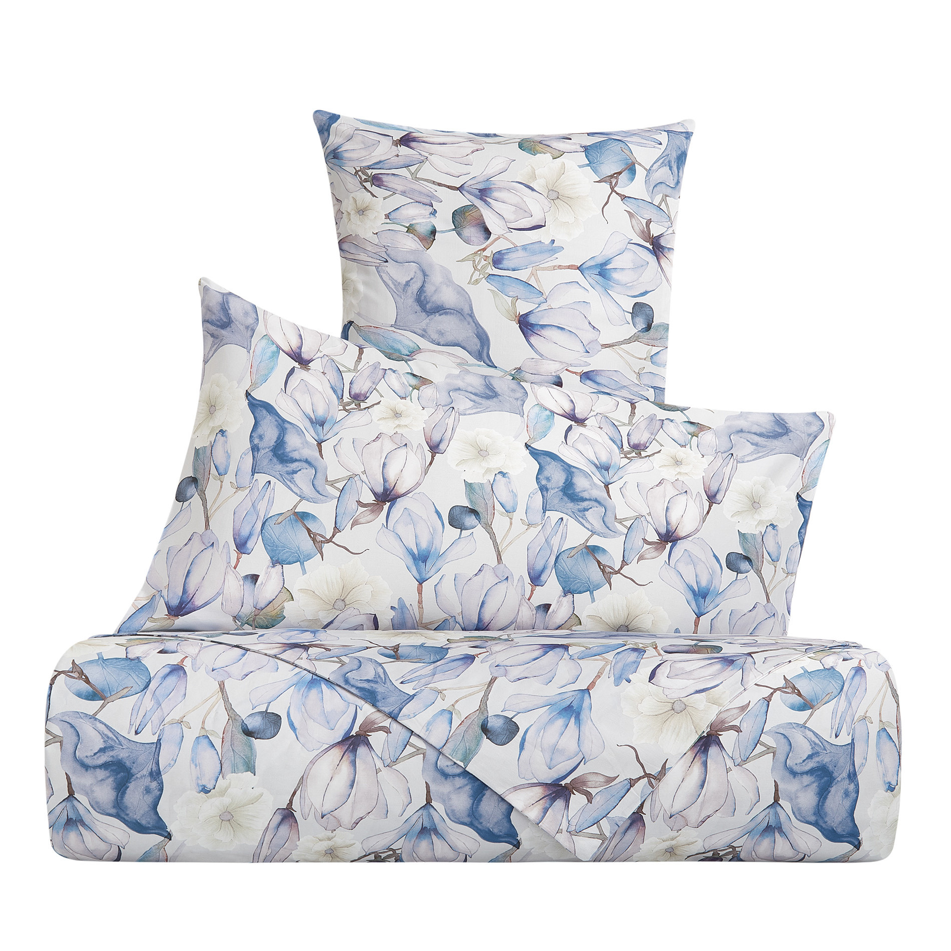 Parure lenzuolo raso di cotone stampa magnolia, Azzurro, large image number 0