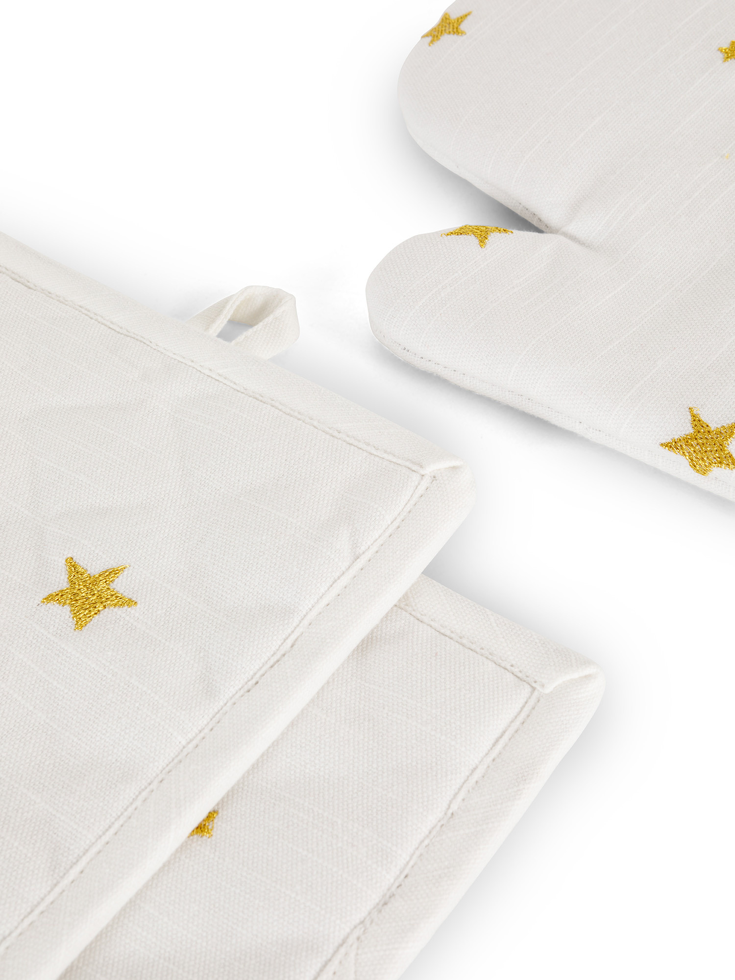 Set of 2 pot holders and kitchen mitt with star embroidery, Gold, large image number 1