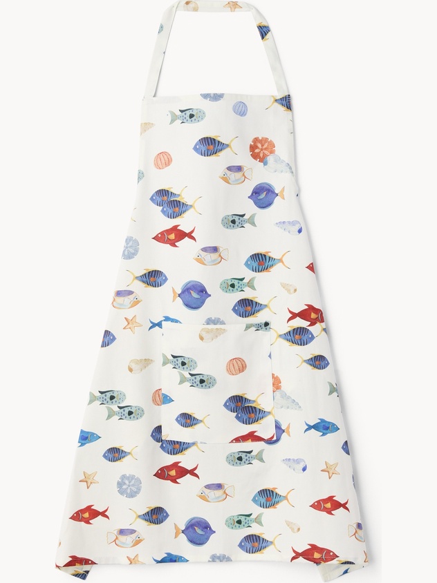 Cotton twill kitchen apron with seabed print