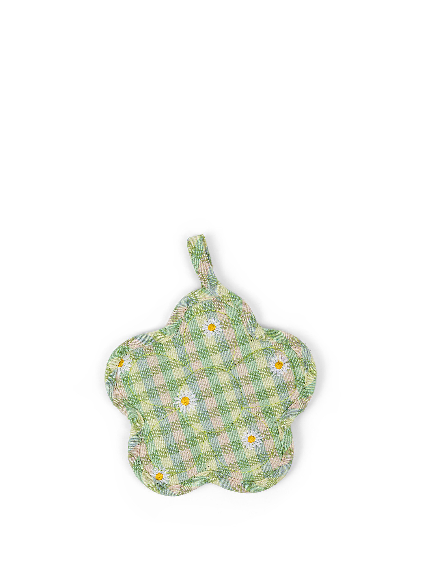 Pot holder in 100% cotton with gingham motif and daisies embroidery, Green, large image number 0