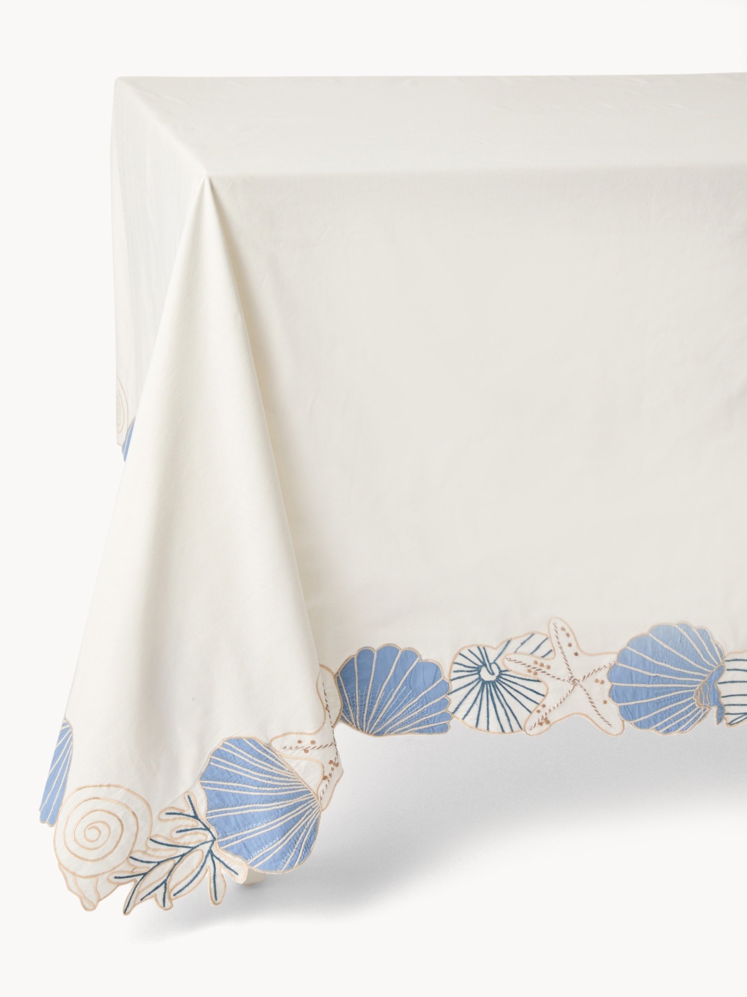 Tovaglia in cotone con ricami conchiglie, Bianco/Azzurro, large image number 0