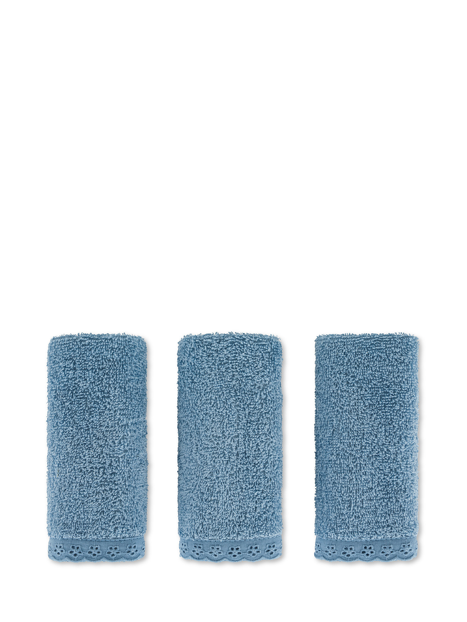 Set of 3 solid color pure cotton terry cloths with broderie anglaise border, Aviation Blue, large image number 0