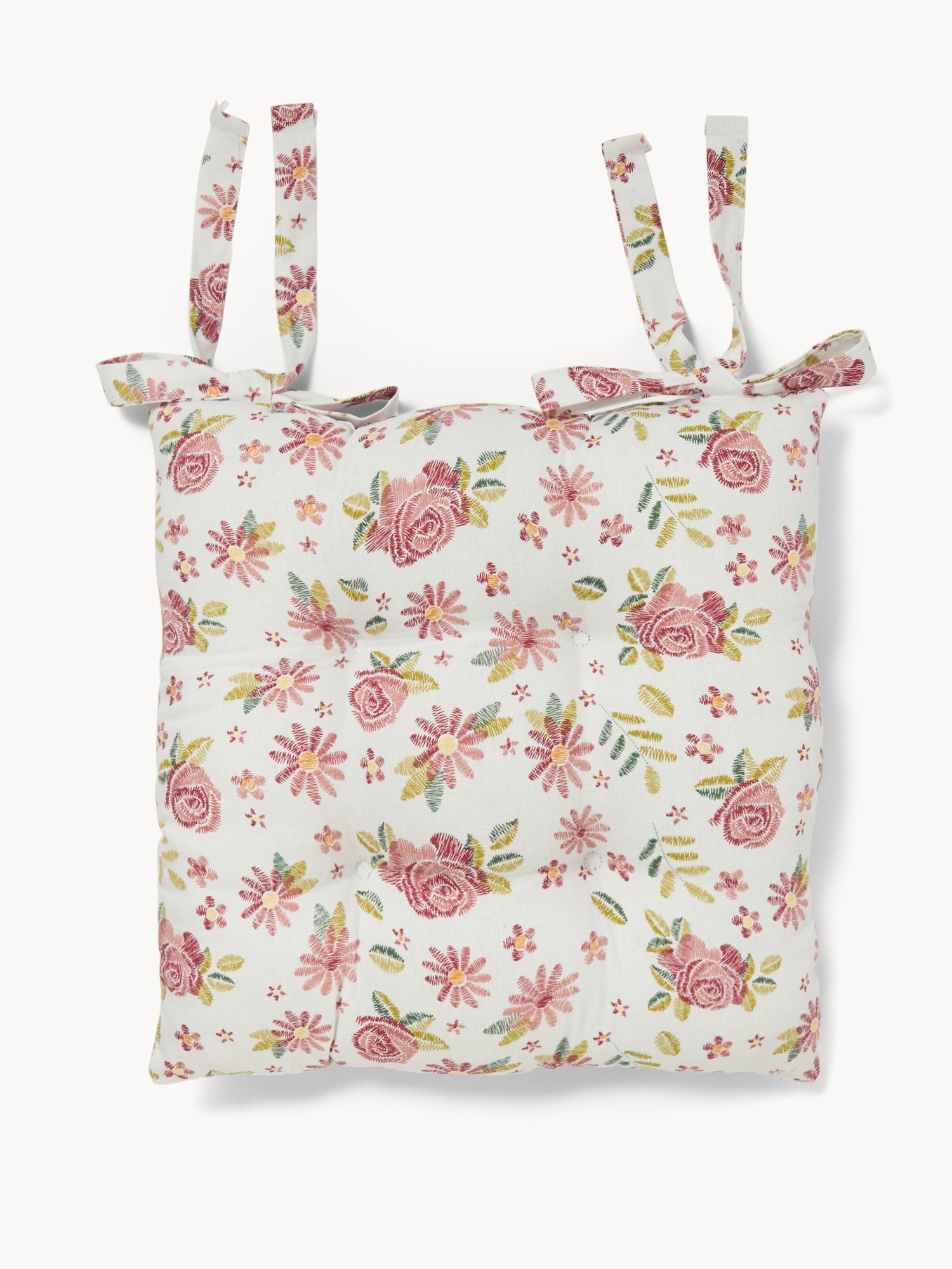 Panama cotton chair cushion with laces with rose print - Discounted Price, White, large image number 0