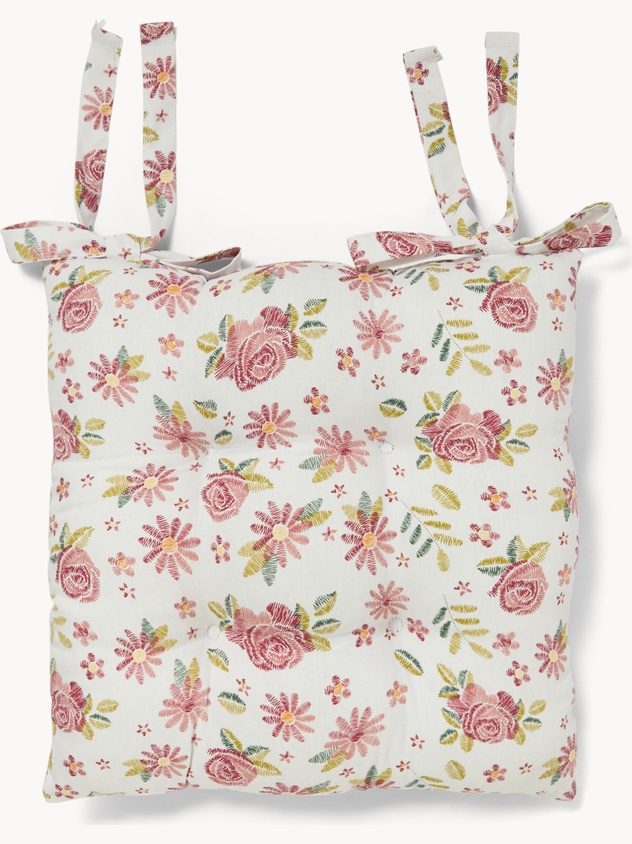 Panama cotton chair cushion with laces with rose print - Discounted Price