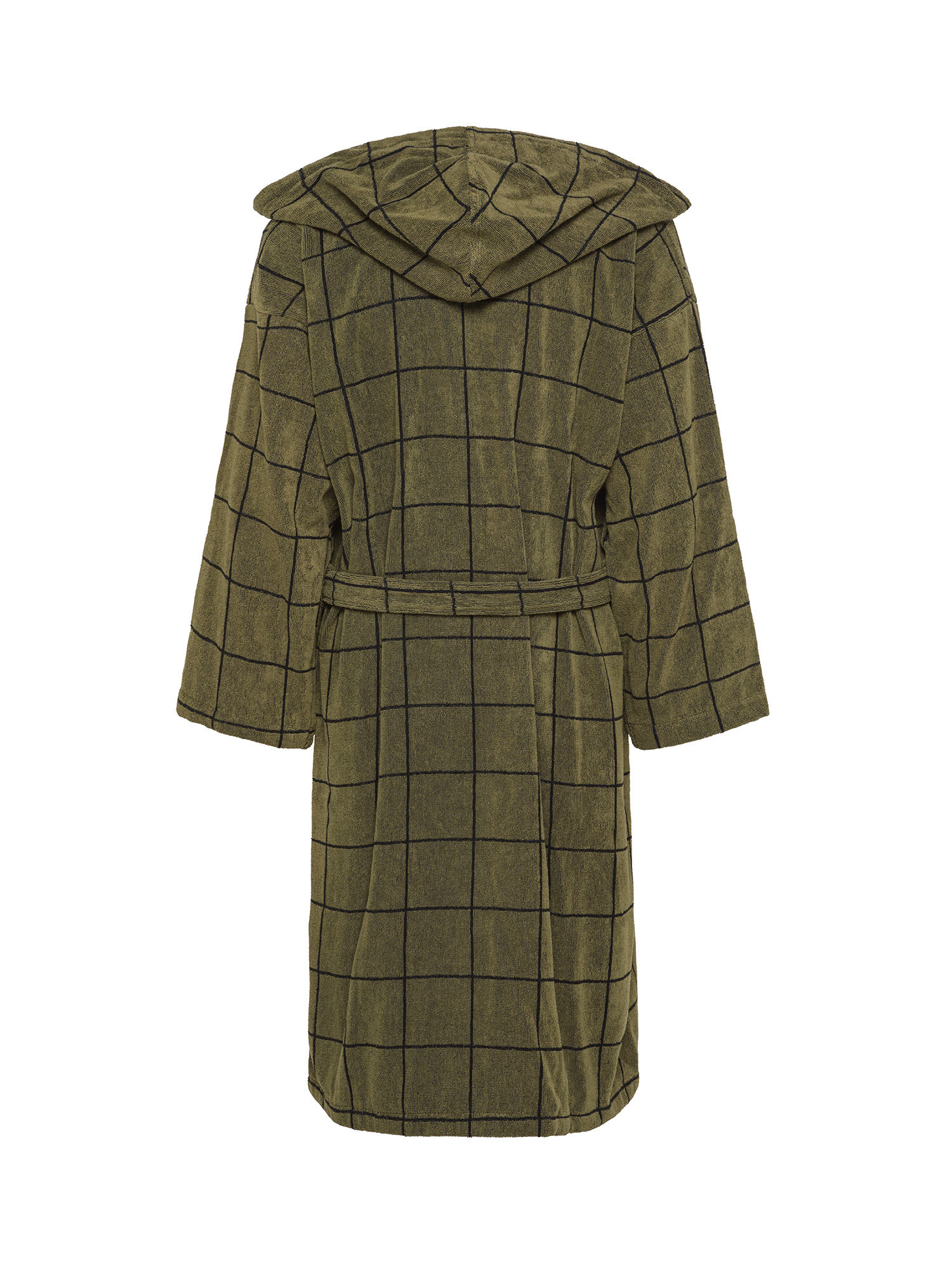 Bathrobe with hood in checked jacquard pure cotton terry, Green, large image number 1