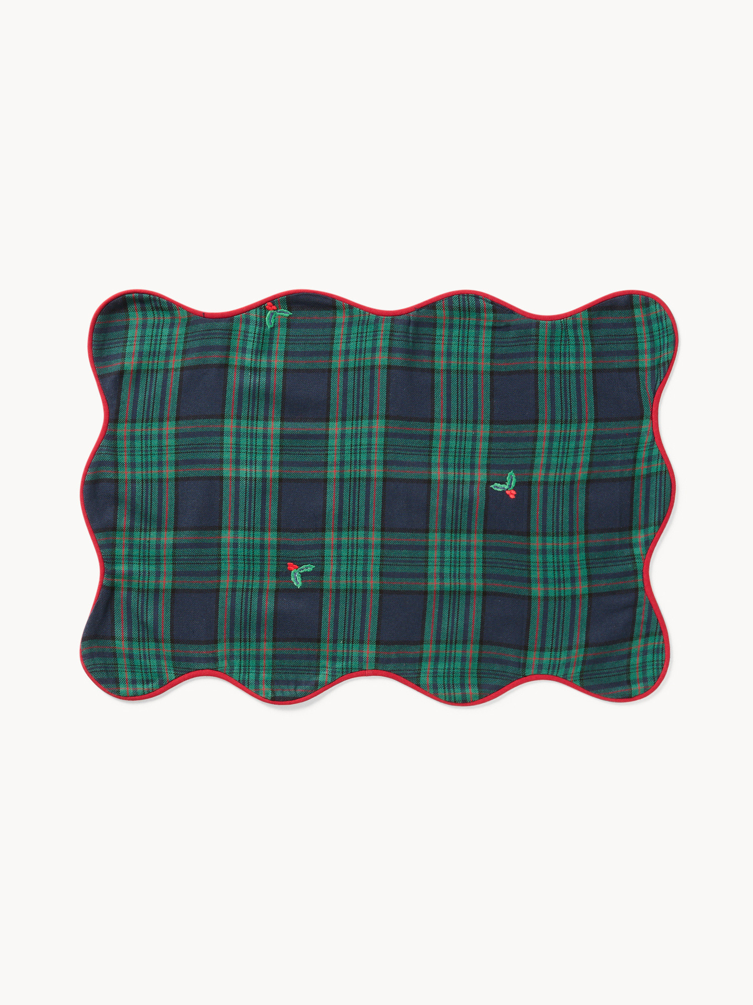 Tovaglietta tartan in twill di cotone con ricami agrifoglio e bordi smerlati, Blu, large image number 0