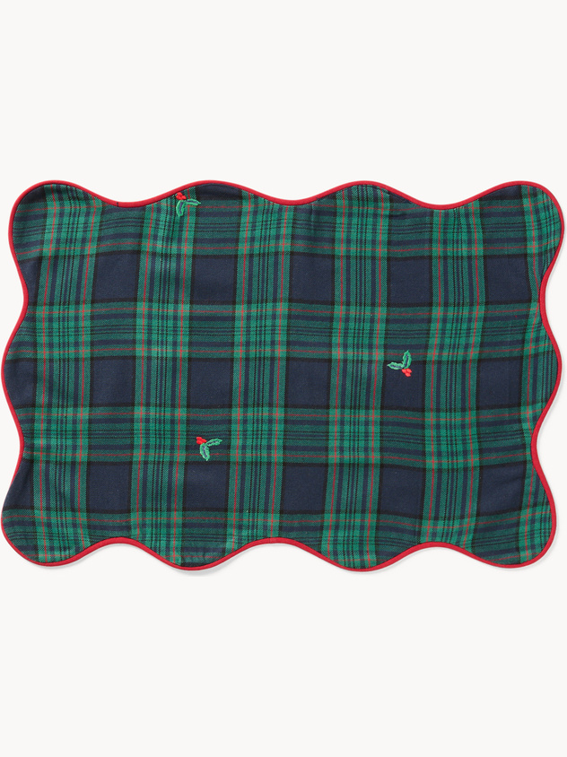 Tovaglietta tartan in twill di cotone con ricami agrifoglio e bordi smerlati