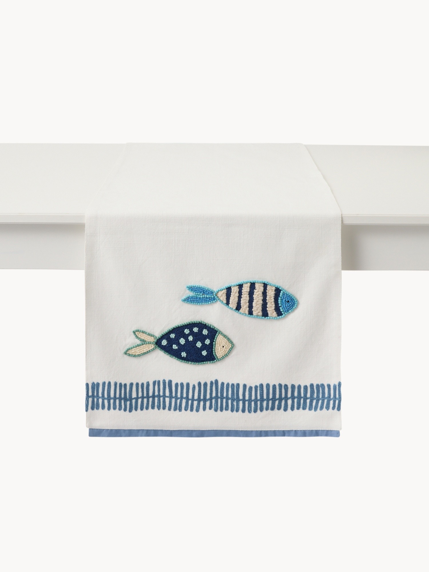 Pure cotton table runner with nautical embroidery - Introductory price, White / Blue, large image number 1
