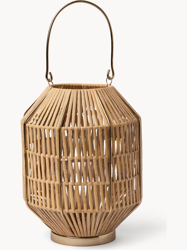Lanterna con struttura in metallo e rattan intrecciato a mano