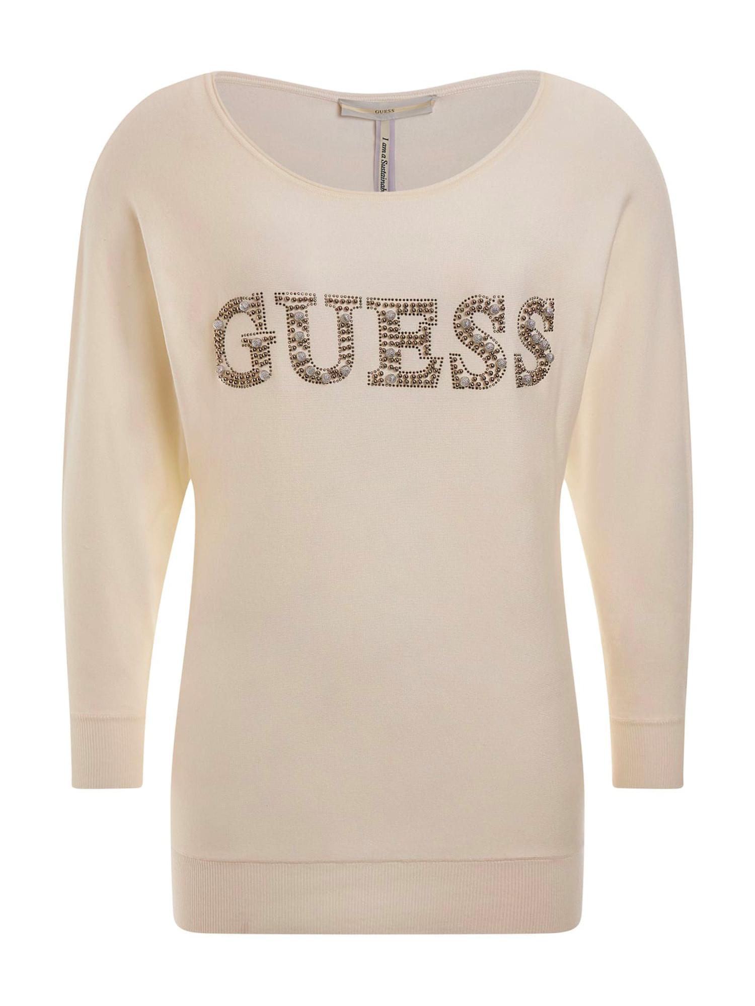 Guess - Maglione con logo con strass regular fit, Crema, large image number 0