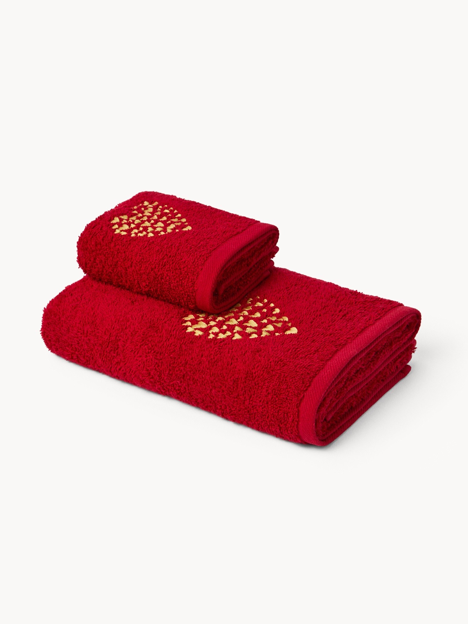 Set of 2 cotton terry towels with heart embroidery, Red, large image number 0
