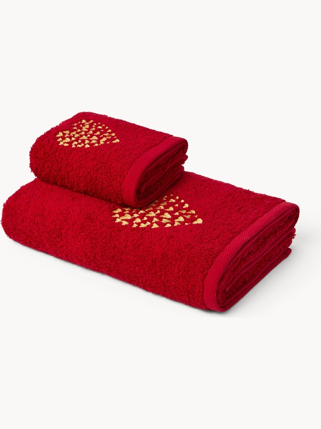 Set 2 asciugamani in spugna di cotone con ricamo a cuori