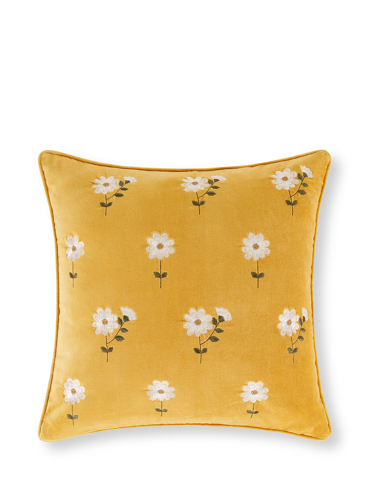 Velvet cushion with flower embroidery 45x45cm, Yellow, large image number 0