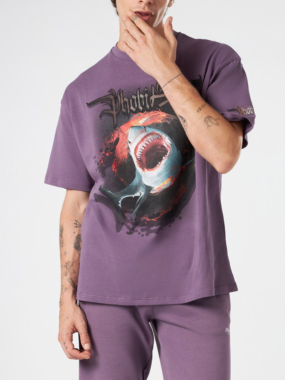 Phobia - Cotton T-shirt with shark print, Purple, large image number 3